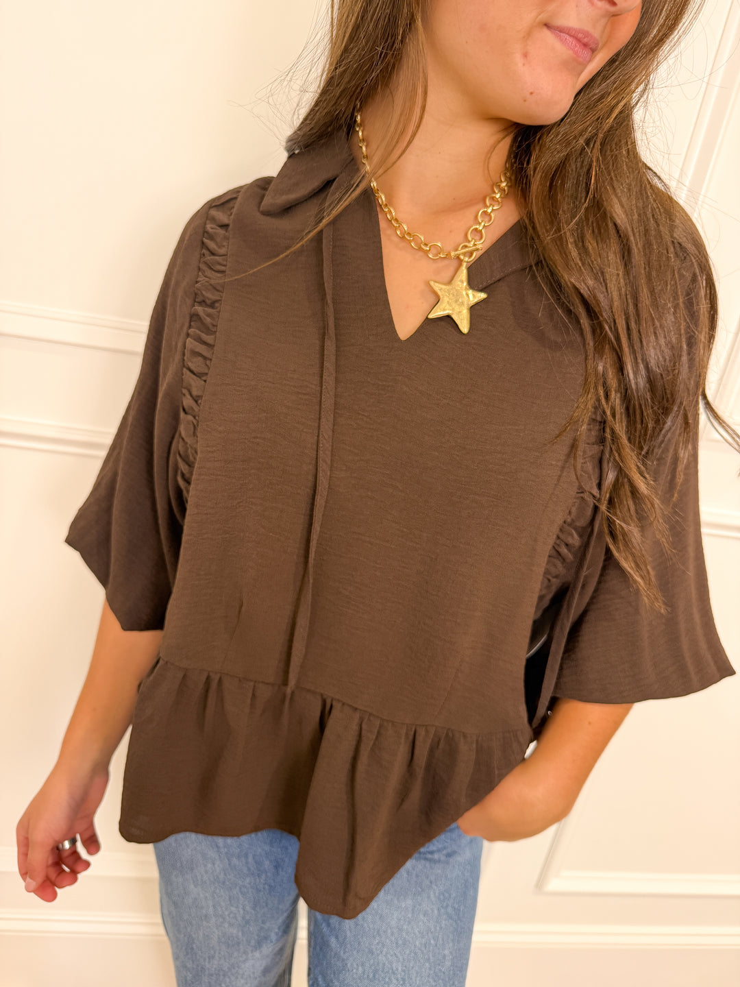 Chocolate Front-Tie V-Neck Blouse