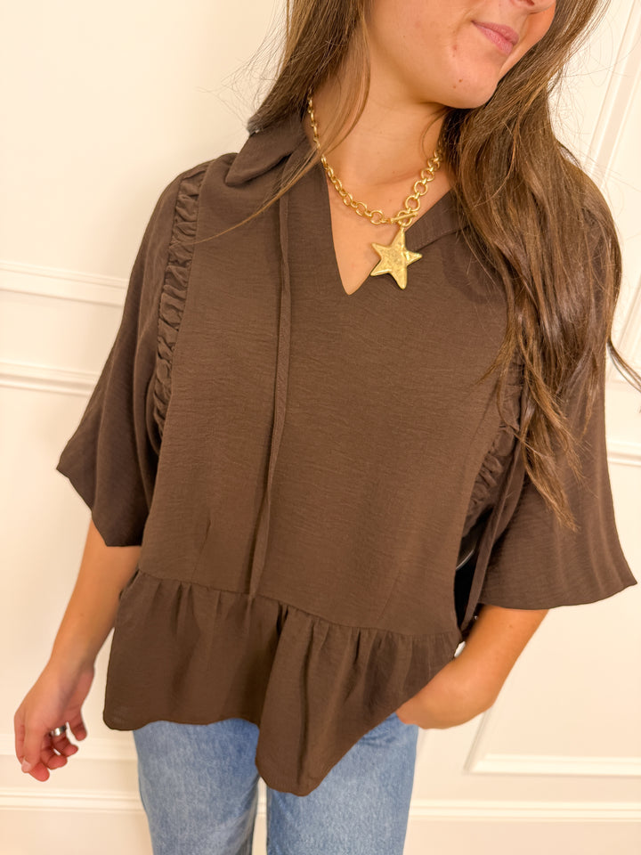 Chocolate Front-Tie V-Neck Blouse
