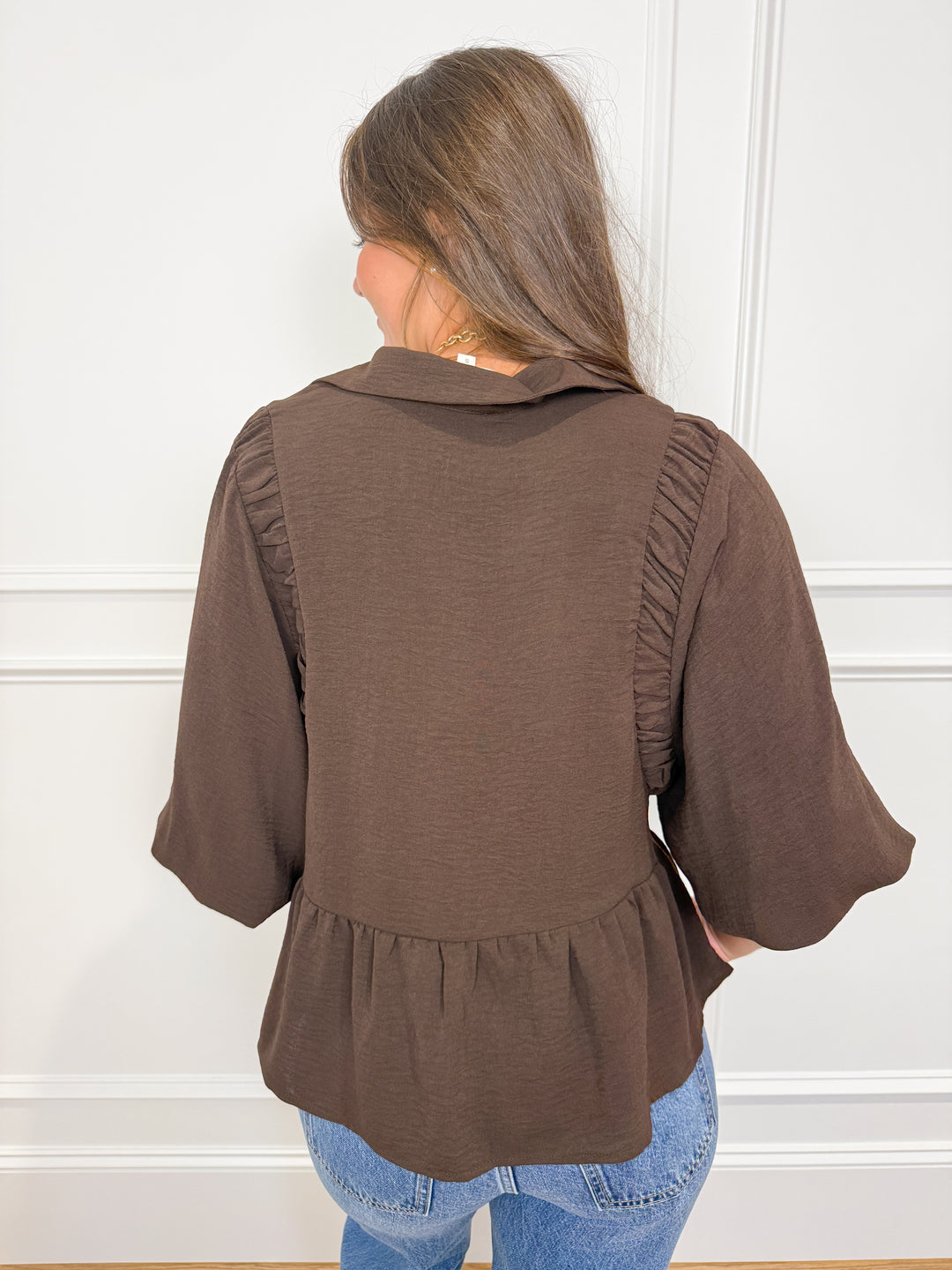 Chocolate Front-Tie V-Neck Blouse