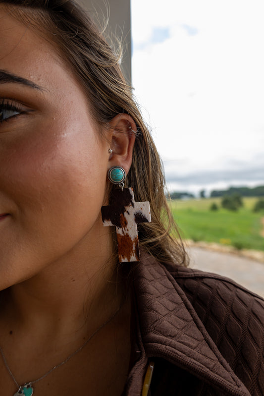 Cowhide Cross Earrings