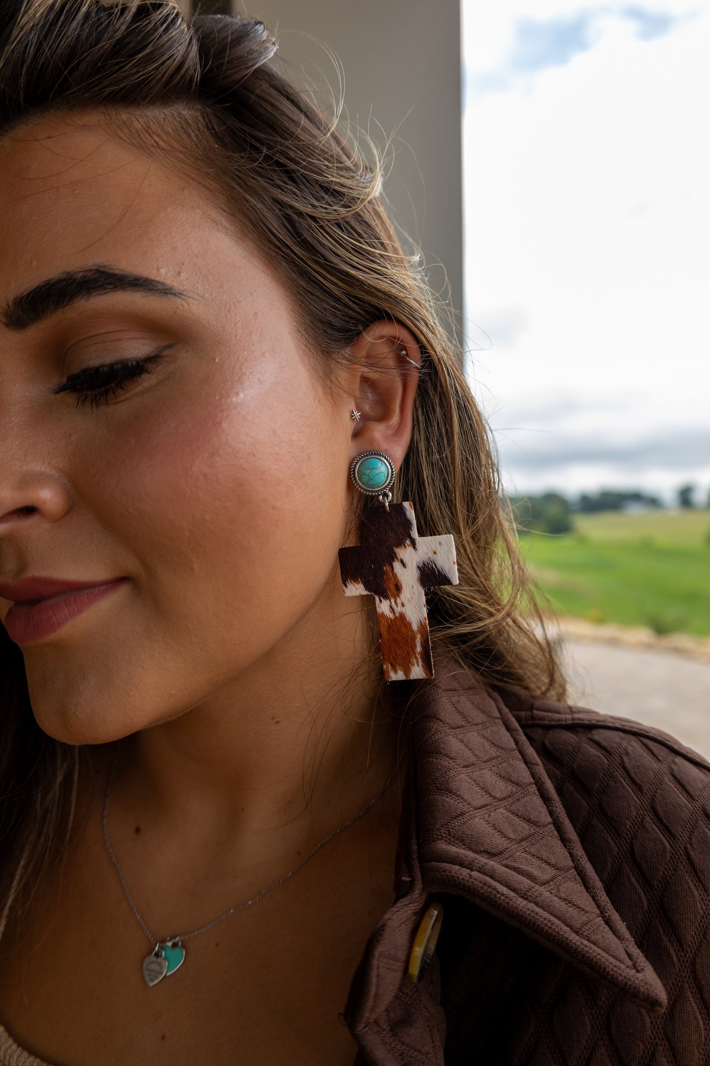 Cowhide Cross Earrings