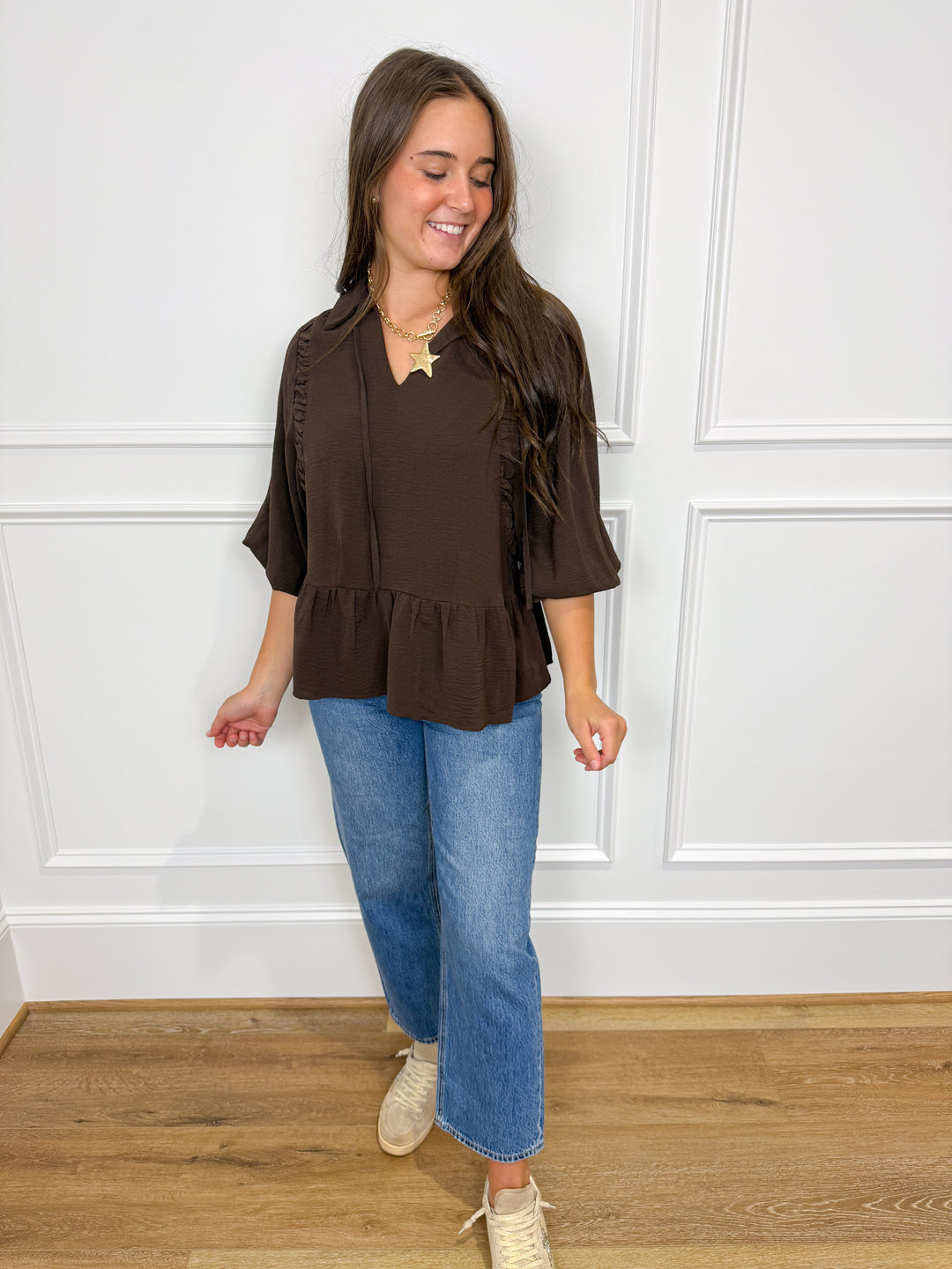 Chocolate Front-Tie V-Neck Blouse