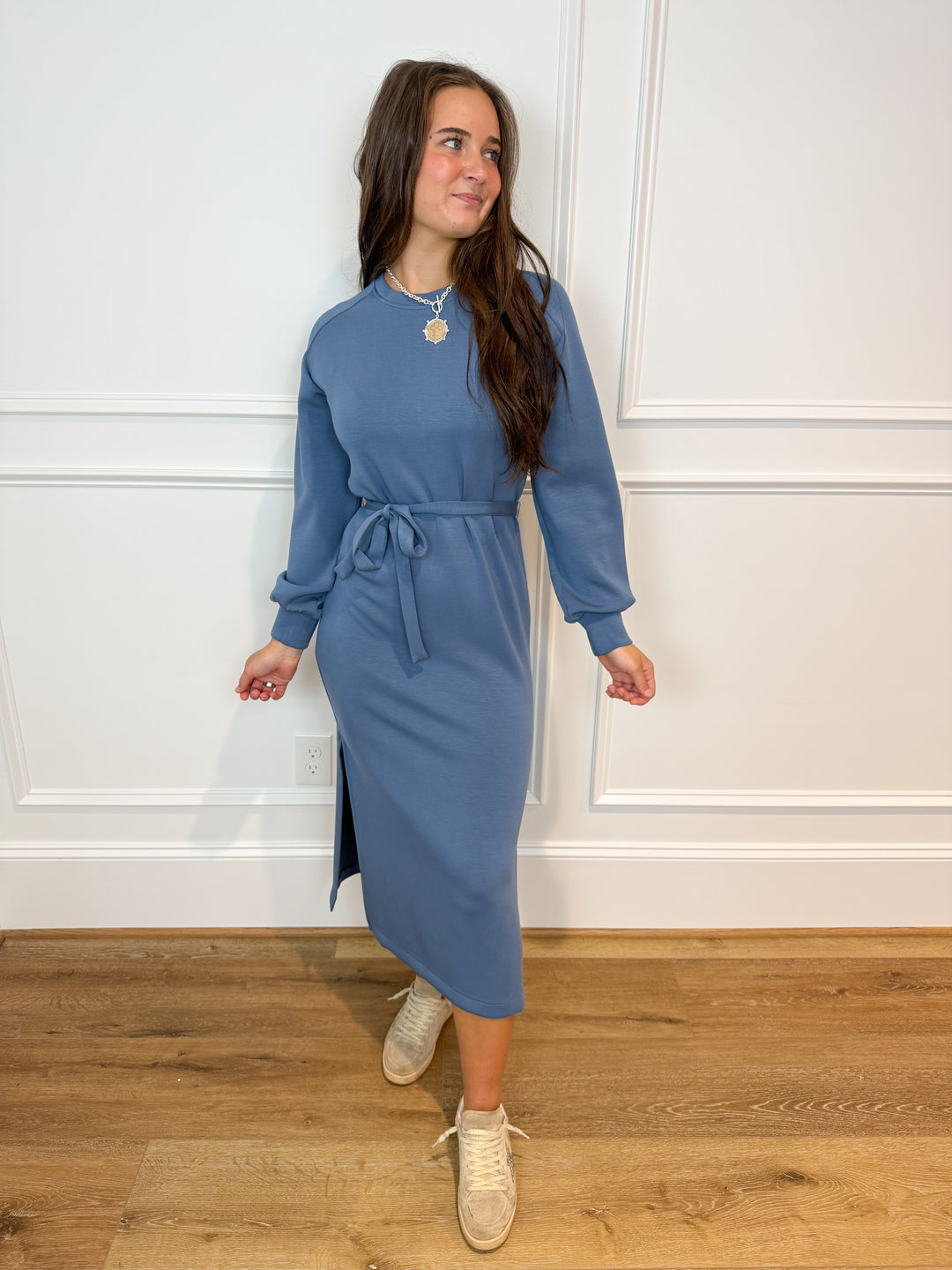 spanx airessentials® long sleeve tie-waist maxi dress