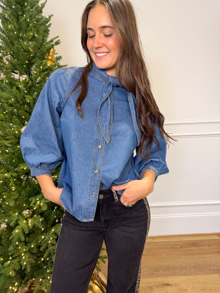 The Wild West Denim Tie-Neck Top